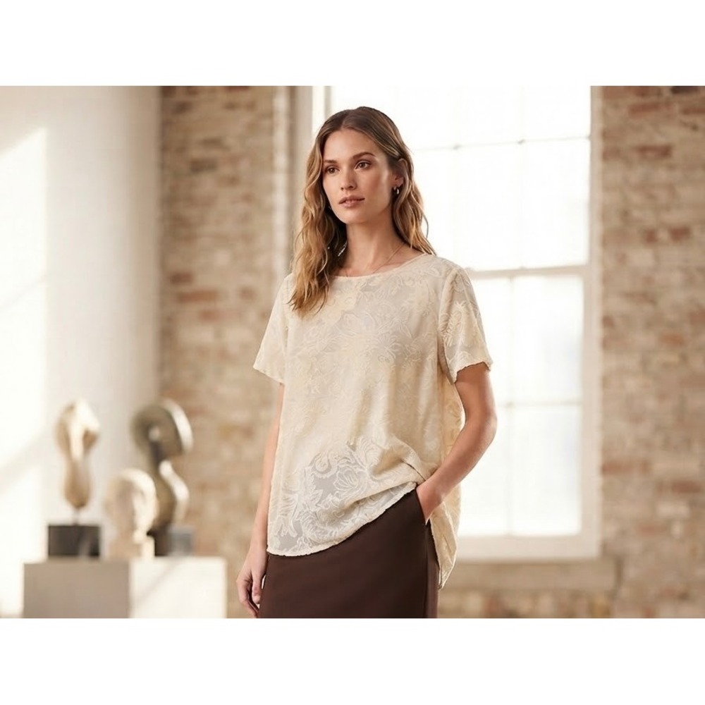 Johnny Was 4Love & Liberty Silk Rayon Velvet Burnout Cream Tunic Blouse Size L
